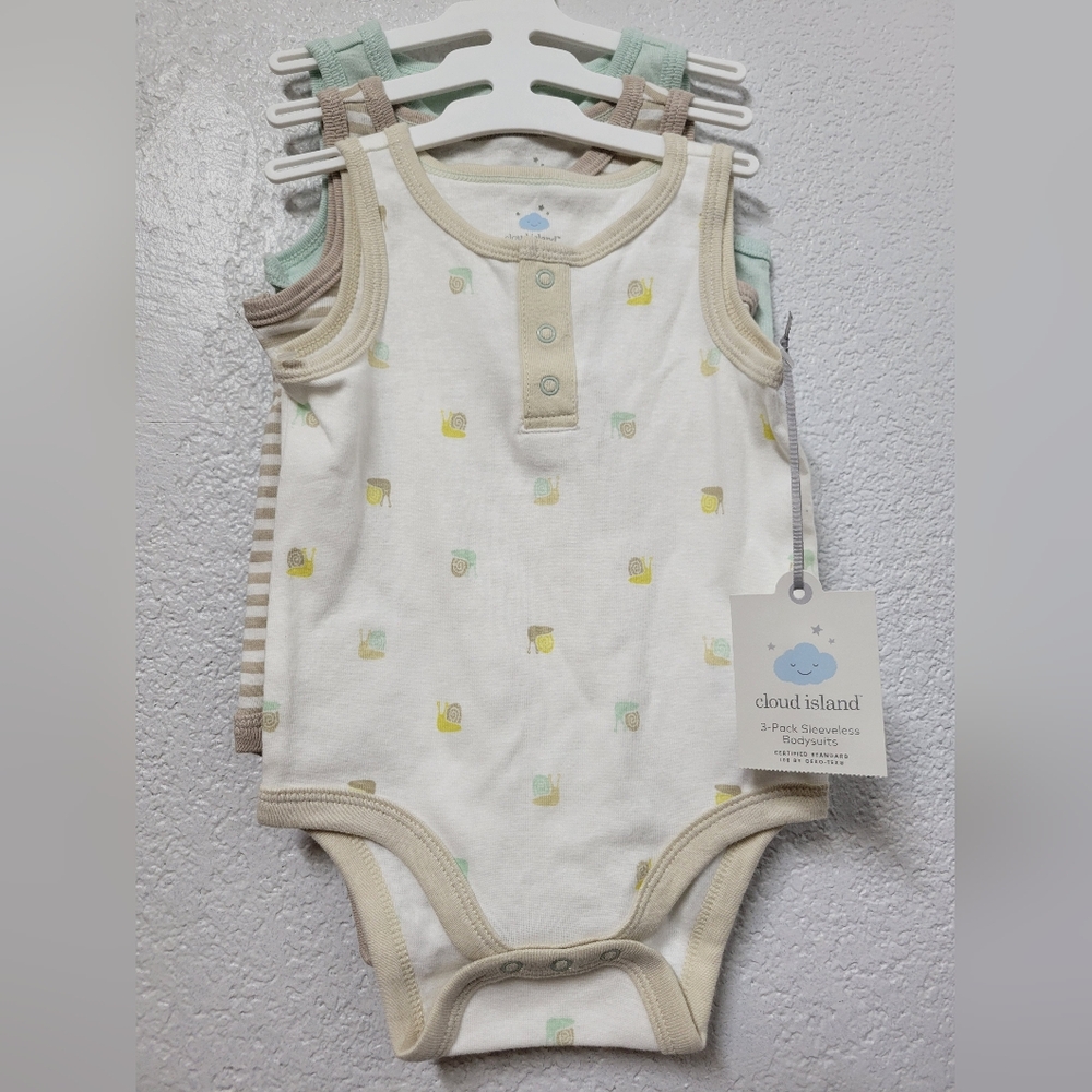 Cloud Island Sleeveless Bodysuits in Snails Pattern, Tan Striper & Green 3-6 Nwt